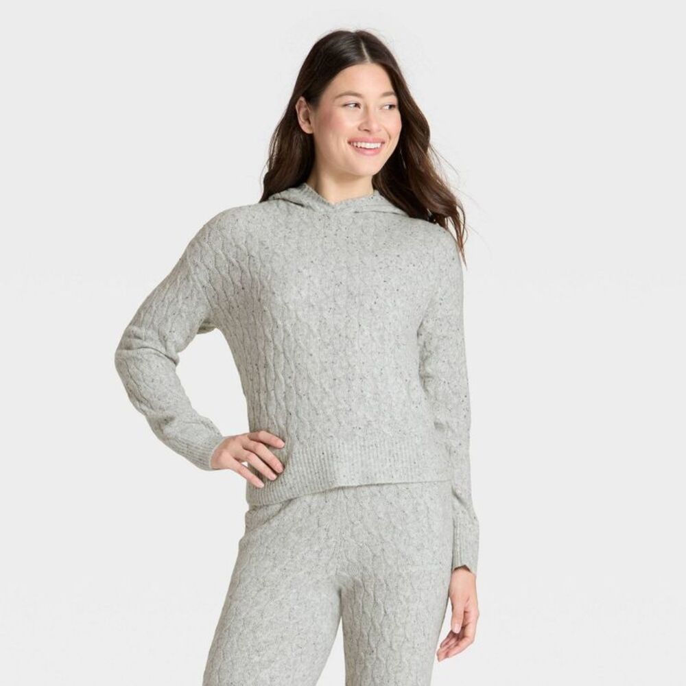 Auden - Women's Cashfeel Cable Knit Hooded Pullover Sweate Gray